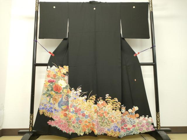 平和屋着物●本加賀友禅作家　毎田仁郎　黒留袖　尾長鳥草花文　正絹　逸品　DAAS2394tw