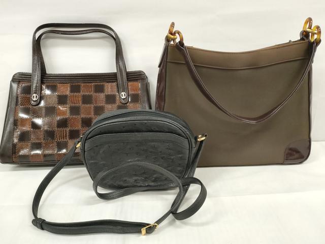平和屋着物▼和装小物 バッグまとめて3点 オーストリッチ ハンドバッグ ショルダー 市松文様 逸品 DABA7967zzz
