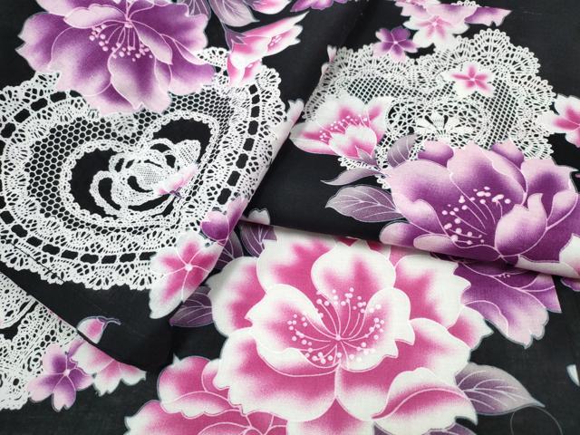 平和屋着物∴夏物　浴衣　レースハート　牡丹花文　黒地　綿　逸品　CABA0644ng