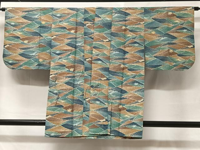 乐天商城 - 平和屋着物＃道中着　紬地　型染め　流水花文　正絹　逸品　CABC3141ua