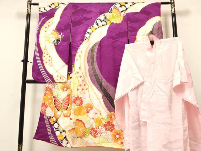 平和屋着物[]七五三 女の子 7歳 祝着 四つ身 長襦袢(単衣)セット 駒刺繍 花蝶文 金彩 逸品 DAAY3276ma