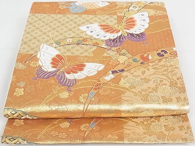 平和屋着物◎六通柄袋帯　雪芝花蝶文　金糸　引箔　正絹　逸品　AAAH8957Aru(4)
