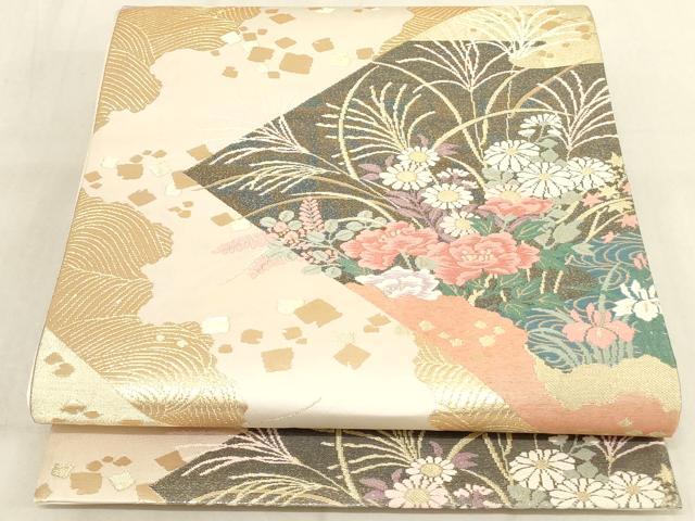 平和屋着物◎六通柄袋帯　道長色紙草花文　金糸　正絹　逸品　AAAN0879ru