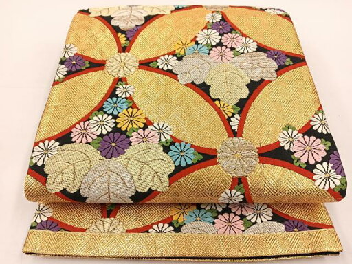 平和屋着物◎六通柄袋帯 唐織 七宝花文 黒地 金銀糸 正絹 逸品 BAAT5446yt 平和屋着物◎六通柄袋帯 唐織 七宝花文 黒地 金銀糸 正絹 逸品 BAAT5446yt