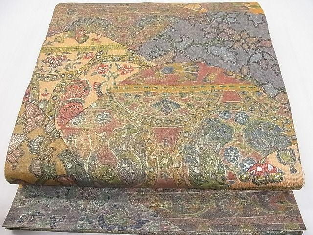 平和屋着物■太鼓柄袋帯 紬地 更紗花文 金彩 逸品 ya0986