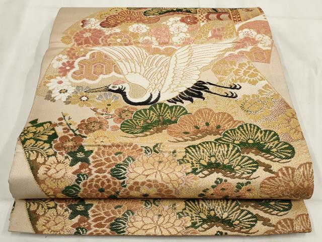 平和屋着物◎アンティーク　大正ロマン　丸帯　飛鶴花文　金糸　正絹　逸品　AABH1190wj