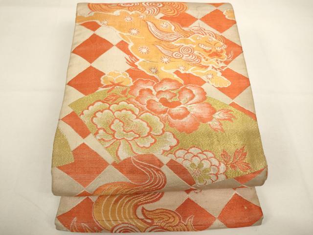 平和屋着物∵アンティーク　大正ロマン　子供　丸帯　獅子　地紙花文　引き抜き帯　...