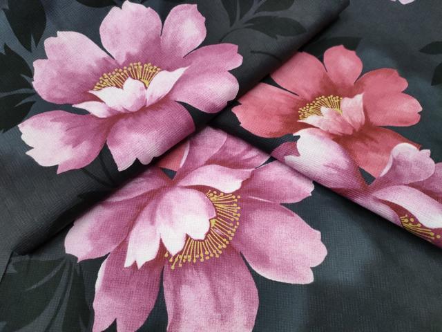 平和屋着物∴夏物　浴衣　牡丹　黒地　綿　逸品　CABD2548ng