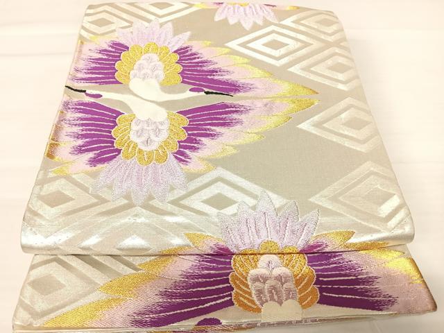 平和屋着物◎六通柄袋帯　双鶴文　金銀糸　正絹　逸品　AABB6064yx