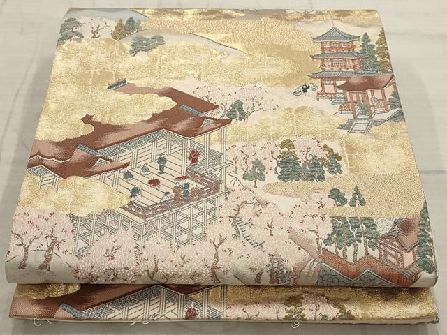 平和屋着物▼六通柄袋帯　嵐山清水寺図　狩野永納　金糸　正絹　逸品　AABB9932wj