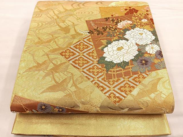 平和屋着物●六通柄袋帯 唐織 色紙重ね群鶴花文 正絹 逸品 BAAM2654ea