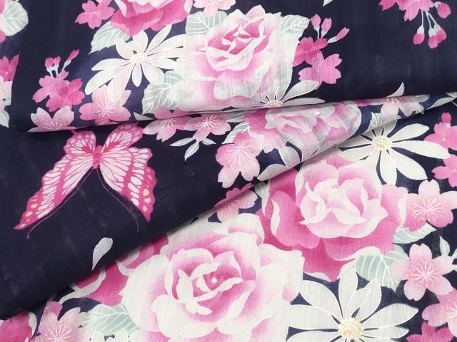 平和屋着物∴夏物　浴衣　薔薇　舞蝶文　綿　逸品　CABD2412ng