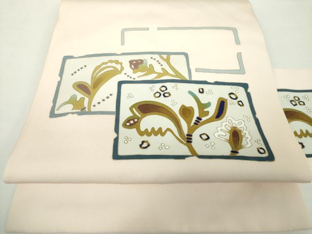 平和屋着物●塩瀬　九寸名古屋帯　作家物　洋花文　金彩　正絹　逸品　DAAY1169ps