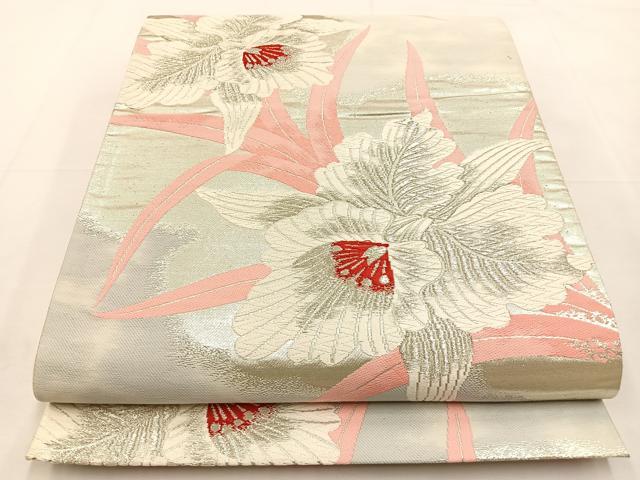 平和屋着物◎六通柄袋帯 唐織 カトレア 銀糸 正絹 逸品 BAAT9873hj