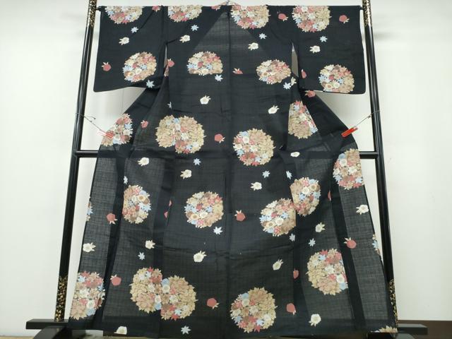 平和屋着物∴夏物　浴衣　美しいキモノ　黒地　花丸文　日本製　綿　逸品　未使用　CABE8999ng
