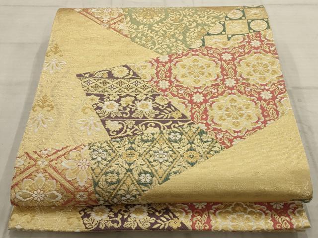 平和屋着物▼六通柄袋帯　切嵌吉祥花文　金糸　正絹　逸品　AABB9957wj