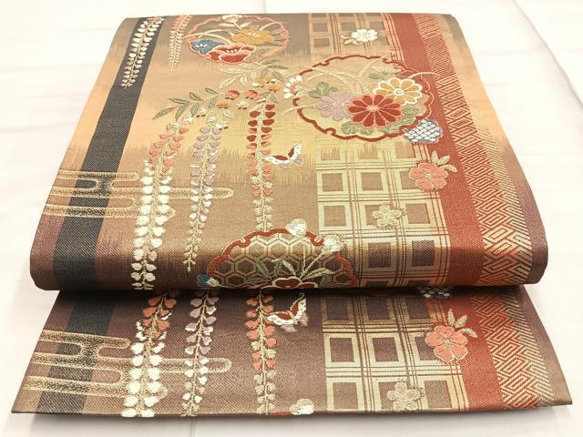 平和屋着物◎六通柄袋帯　唐織　吉祥雪輪草花文　金糸　正絹　逸品　BAAO0712cm