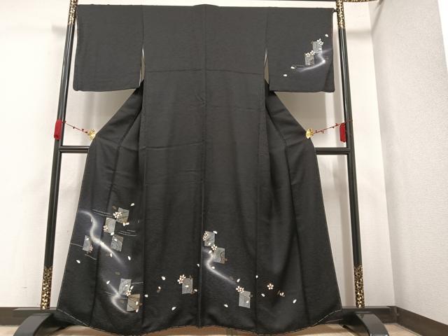 平和屋着物●訪問着　色紙桜文　丹後ちりめん　暈し染め　黒地　金彩　反端付き　正絹　逸品　未使用　AAAW0080ph