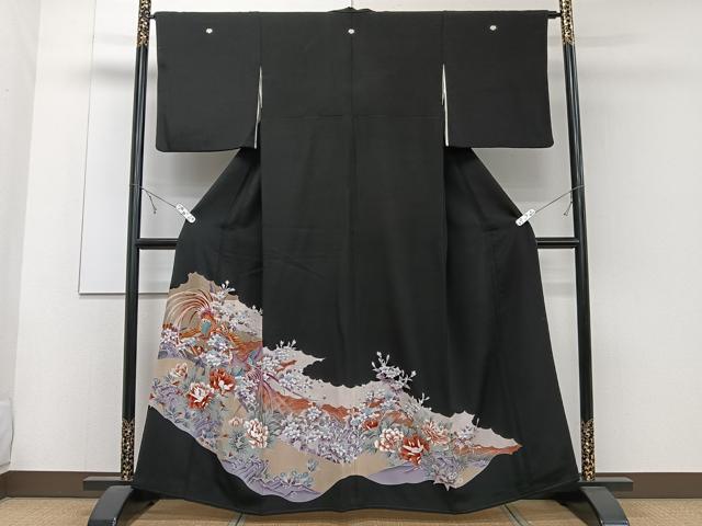 Full-Length Under-Kimono - 平和屋着物■豪華黒留袖　駒刺繍　尾長鳥花文　金彩　正絹　逸品　CABD3060xi