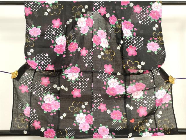 平和屋着物∴夏物　綿紅梅　浴衣　七五三　女の子　花散らし　黒地　綿　逸品　DAAV7100cd