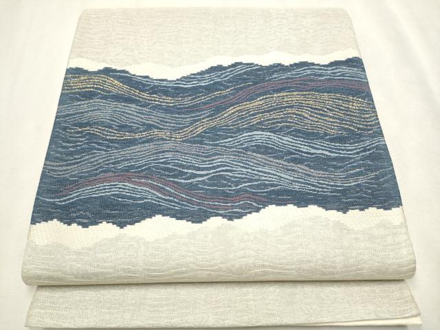 平和屋着物●六通柄袋帯　灰汁発酵建本藍染　藍薄絹織　流水文　金銀糸　正絹　逸品　CAAV6832hy