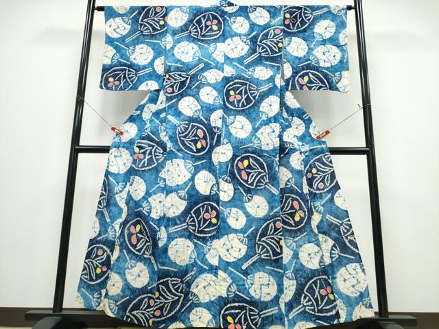 平和屋着物∴夏物　浴衣　有松鳴海絞り　団扇花文　綿　逸品　CABD2795ng