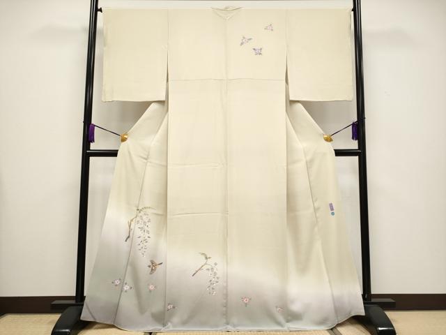 平和屋本店■極上　本加賀友禅作家　百貫華峰　訪問着　花鳥文　暈し染め　薄香色地　逸品　CYAA3548s5