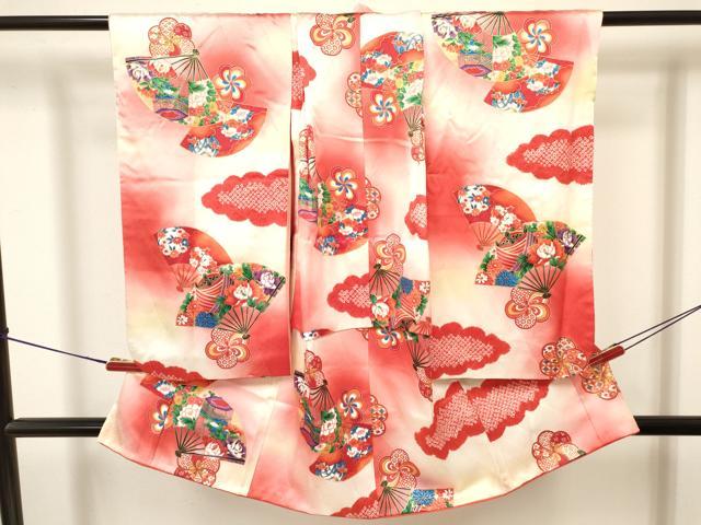 平和屋着物[]七五三　女の子　3歳　祝着　三つ身　糸車　扇面貝桶花文　暈し染め　金彩　逸品　DAAY304..