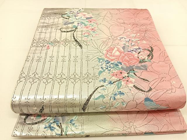 平和屋着物◎六通柄袋帯　唐織　飾花文　銀糸　正絹　逸品　BAAT8080yc