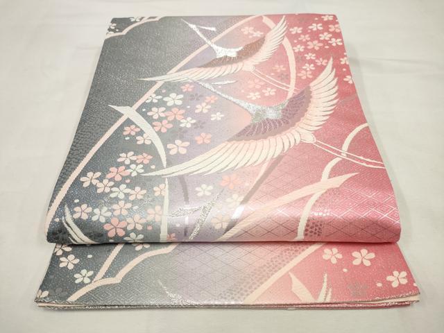 平和屋着物◎六通柄袋帯　唐織　飛鶴花文　銀糸　正絹　逸品　AAAV1158sw