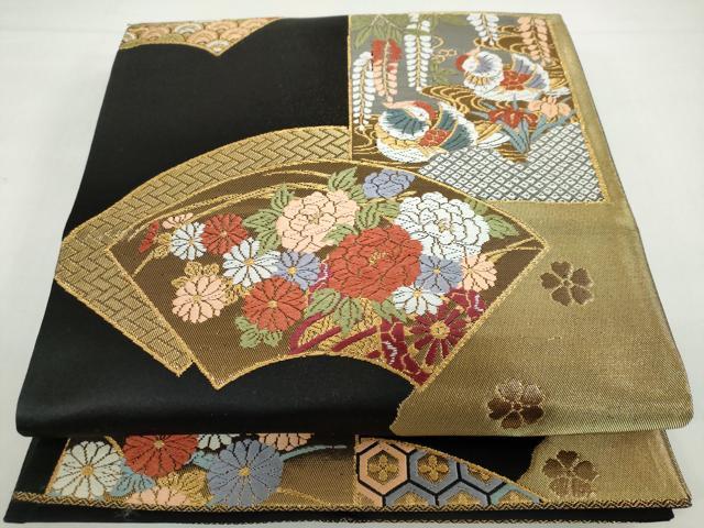 Other - 平和屋着物◎六通柄袋帯　地紙重ね花鳥文　黒地　金銀糸　正絹　逸品　DABB0223ud