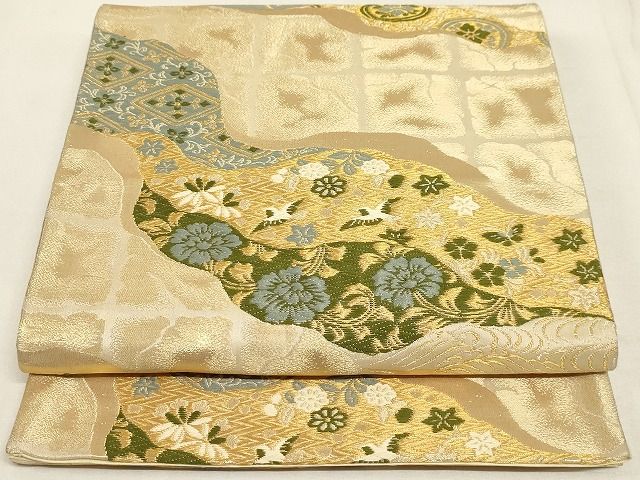 平和屋着物◎六通柄袋帯 道長飛鶴花文 金糸 正絹 逸品 AAAJ4660Asx