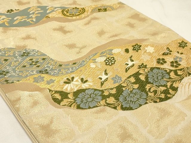 平和屋着物◎六通柄袋帯　道長飛鶴花文　金糸　正絹　逸品　AAAJ4660Asx