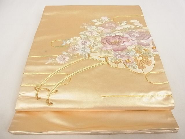 平和屋着物◎太鼓柄袋帯　駒刺繍　花車文　引箔　正絹　逸品　AAAG9853Apf