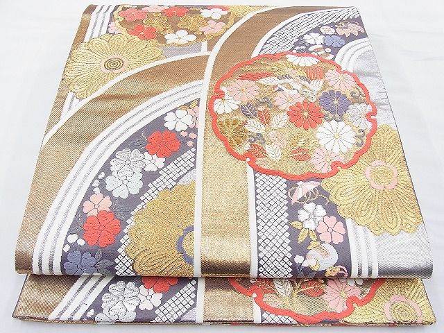 平和屋着物■六通柄袋帯　唐織　雪輪飛鶴花文　金銀糸　逸品　BAAF2860kj