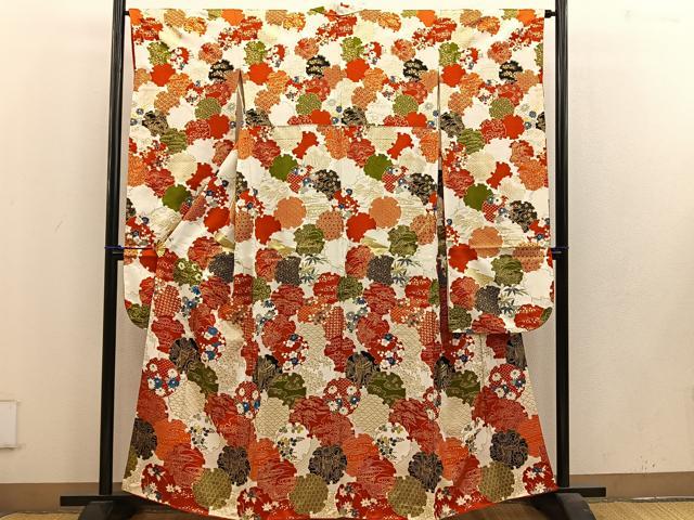 平和屋着物■豪華振袖 駒刺繍 雪輪御所車花文 金彩 正絹 逸品 BAAV0581mz