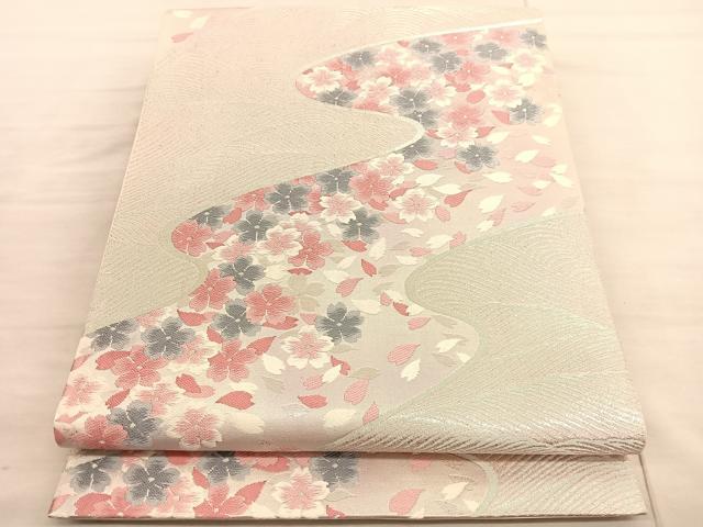平和屋着物◎六通柄袋帯 唐織 桜流し 銀糸 正絹 逸品 BAAV3447hv
