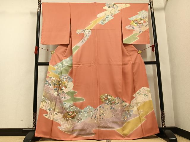 平和屋着物●訪問着　友禅　駒刺繍　地紙花文　金彩　正絹　逸品　AABG7352ph