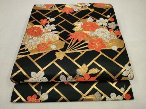 平和屋着物◎六通柄袋帯 唐織 扇面花文 黒地 金銀糸 正絹 逸品 AAAV1213sw 平和屋着物◎六通柄袋帯 唐織 扇面花文 黒地 金銀糸 正絹 逸品 AAAV1213sw