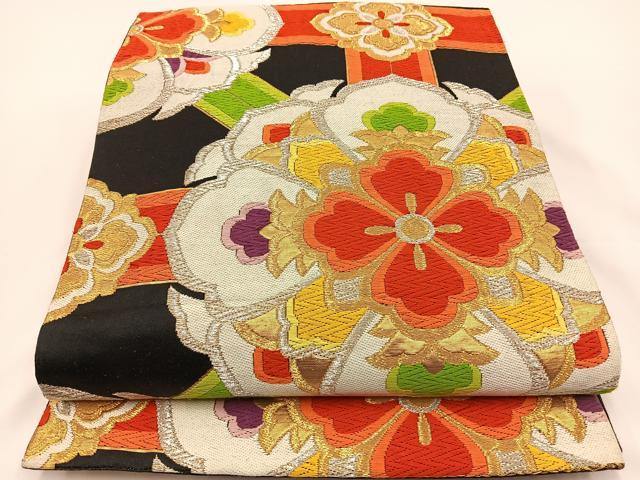 平和屋着物◎六通柄袋帯　唐織　正倉院花文　黒地　金銀糸　正絹　逸品　BAAS9453ow