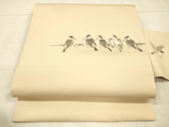 平和屋着物●塩瀬　九寸名古屋帯　作家物　手描き　雀　正絹　逸品　DAAX0074cm