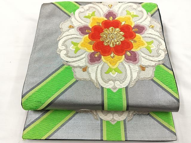 平和屋着物◎六通柄袋帯 唐織 正倉院花文 黒地 金銀糸 正絹 逸品 BAAT1641xk