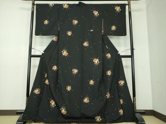 Kimono - 平和屋着物●小紋　雪輪桜兎　黒地　洗える着物　ロング丈　DABD1421ps