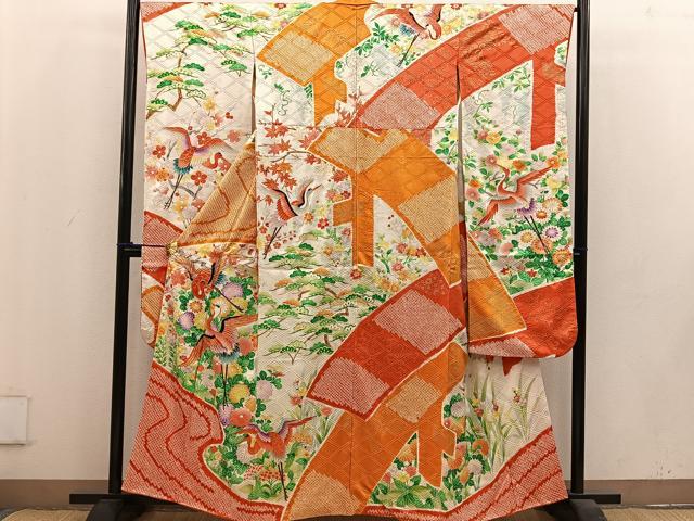 平和屋着物■豪華振袖 駒刺繍 絞り 飛鶴花文 金彩 正絹 逸品 BAAV0591mz