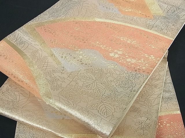 平和屋着物■六通柄袋帯 地紙重ね草花文 金糸 逸品 zy0707