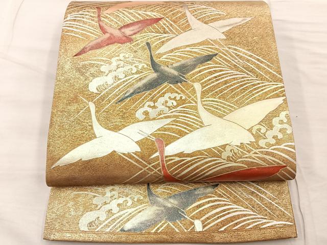 平和屋着物◎六通柄袋帯　立波飛鶴文　金銀彩　引箔　正絹　逸品　未使用　BAAS1281je