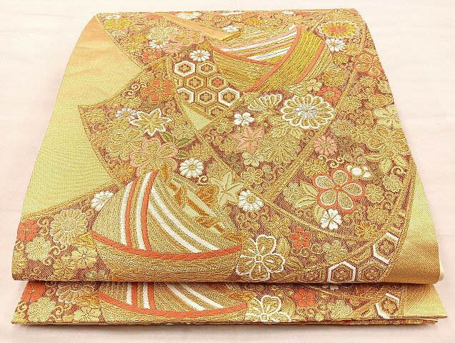平和屋着物◎六通柄袋帯　唐織　糸巻熨斗花文　金銀糸　正絹　逸品　BAAK5746if