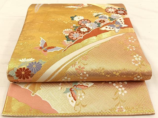 平和屋着物◎佐賀錦　六通柄袋帯　唐織　雪芝花蝶文　金糸　正絹　逸品　BAAS7521xa