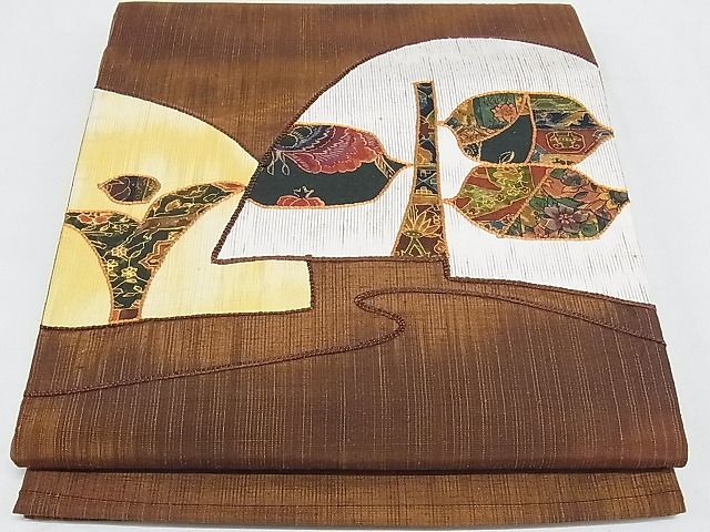 平和屋着物■太鼓柄袋帯 紬地 草花文 正絹 逸品 A-hg619