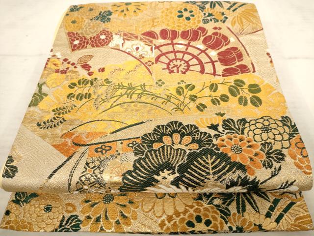 平和屋着物◎全通柄　京袋帯　唐織　飛鶴花文　金糸　正絹　逸品　AAAU9438dt
